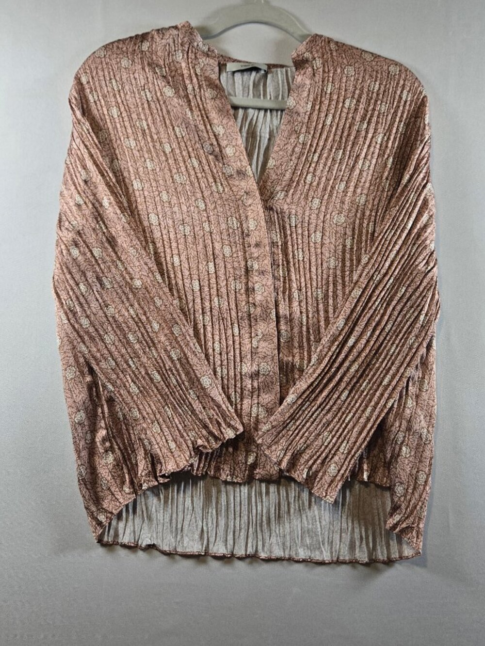 Vince Berry Blooms Pleated Blouse Womens Pink Floral V Neck Long Sleeve